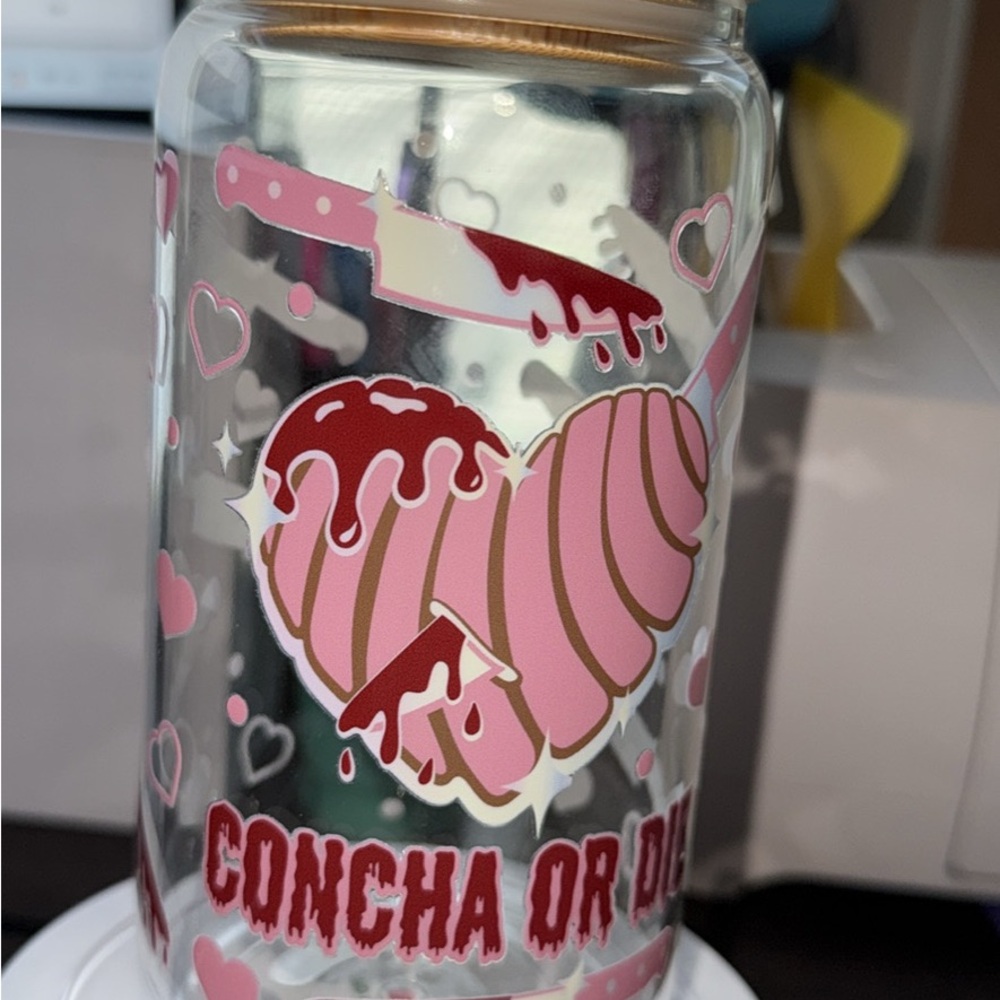 Concha or Die Glass Cup with Pink Heart Design